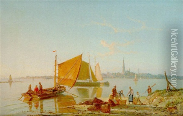 Pecheurs Sur Fond De Ville D'amsterdam Oil Painting - William Raymond Dommersen