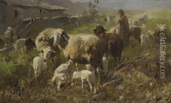 Hirtenmadchen Mit Schafen Bei Einer Muhle Oil Painting - Anton Braith