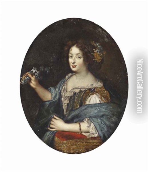 Portrait Of A Lady, Half-length, In A Lace-trimmed Green And Gold Dress And A Blue Wrap, Her Left Arm Resting On A Red Cushion And Blue Flowers In Her Right Hand Oil Painting - Pierre Mignard the Elder