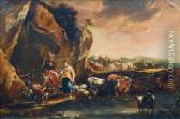 Hirten Mit Kuhen An Der Tranke Oil Painting - Nicolaes Berchem