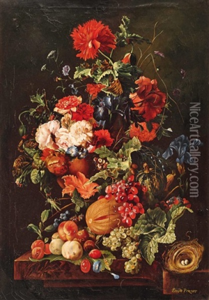 Blumenstillleben Mit Fruchten Und Vogelnest Oil Painting - Emilie Preyer