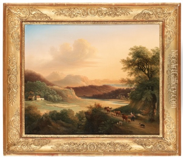 Pastorala Landskap Med Figurer Och Boskap (pair) Oil Painting - Victor de Grailly