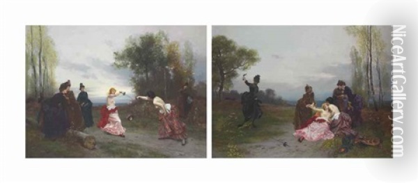 The Duel; And The Reconciliation (pair) Oil Painting - Emile Antoine Bayard