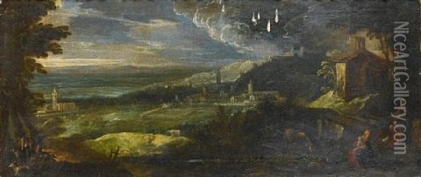 The Rest On The Flight Into Egypt In An Extensive Landscape Oil Painting -  Pozzoserrato