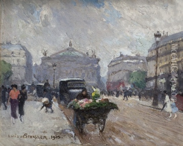 Strasenszene Mit Blumenhandlerwagen An Der Pariser Oper Oil Painting - Louis Marie de Schryver
