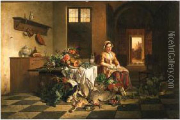 A Maid Seated In A Kitchen By A 
Table With Flowers, With Vegetablesand Dead Fowl In The Foreground Oil Painting - Noter David De