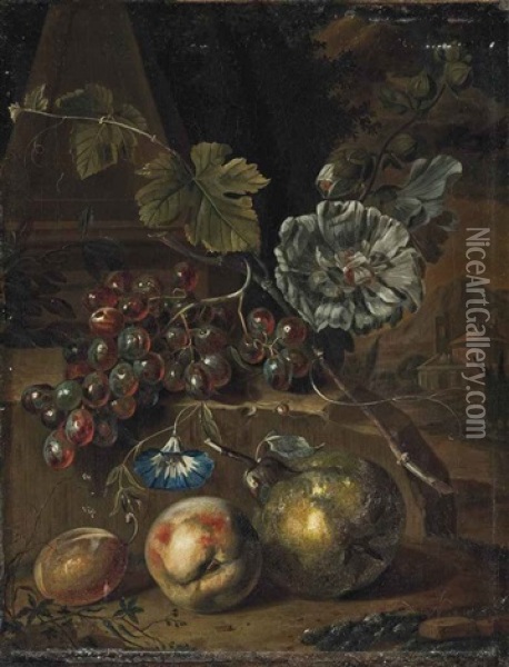 A Peach, A Plum And A Pear, With Grapes On A Stone Ledge, An Italianate Landscape Beyond Oil Painting - Willem Grasdorp