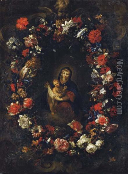 Vierge A L'enfant Dans Une Couronne De Fleurs Oil Painting - Giovanni Stanchi
