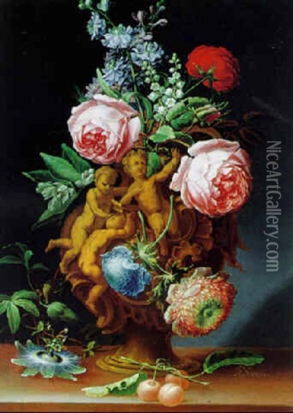 Blumenstraus Von Rosen Und Anderen Bluten In Einer Skulptierten Prunkvase Oil Painting - Johann (or Jakob) Christopher Sartorius