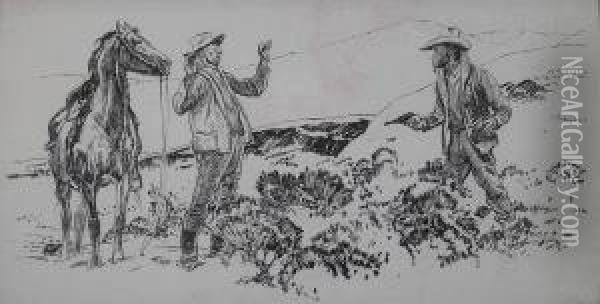 Older Cowboy Being Held At Gunpoint. Oil Painting - Herbert Morton Stoops