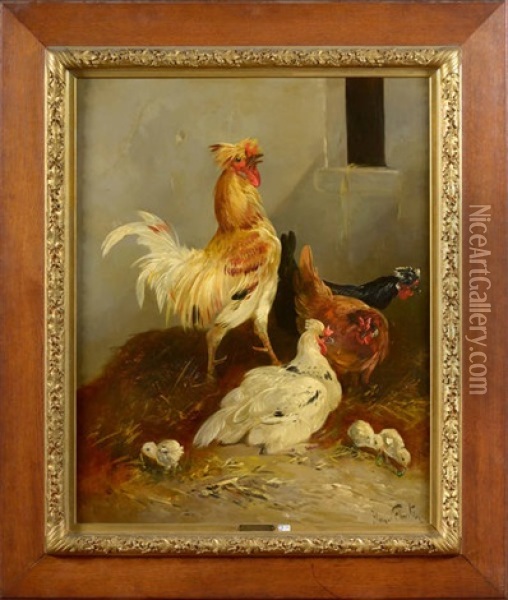 Coq, Poules Et Poussins Sur La Paille Oil Painting - Henry Schouten