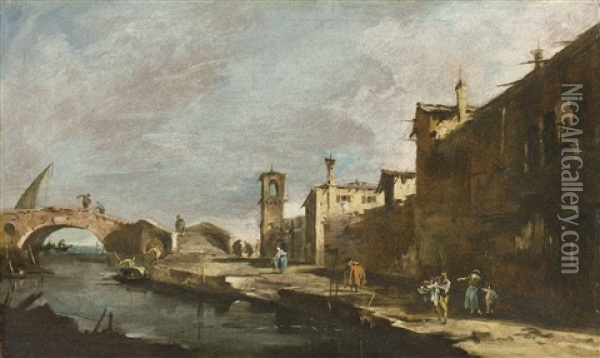 A Capriccio With Figures Walking Along A Canal Oil Painting - Francesco Guardi
