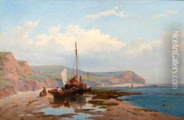 Coastal Scene With Beached Fishing Boat Oil Painting - William Williams