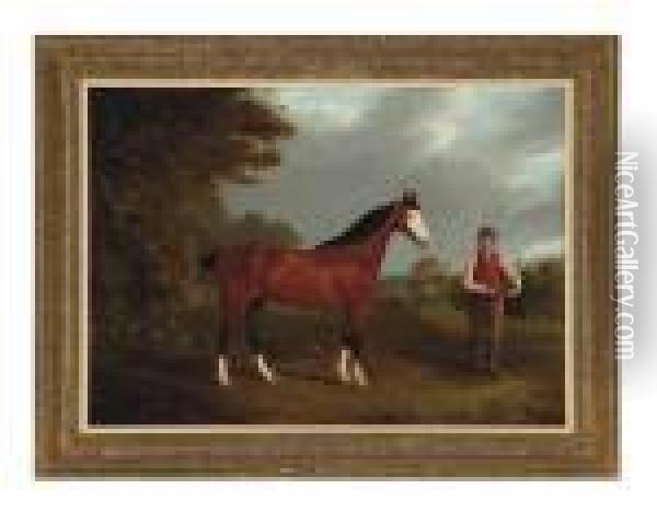 The Racehorse Whiteface With Groom J. Gilham Oil Painting - John Frederick Herring Snr