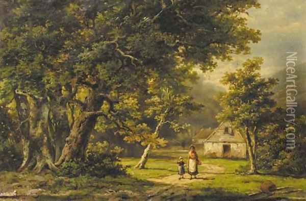 A peasant woman and a boy in a wooded landscape Oil Painting - Hendrik Barend Koekkoek