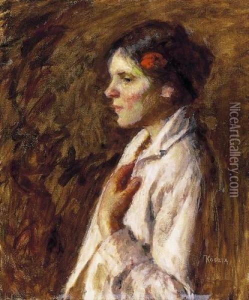 Woman With Flower In Her Hair Oil Painting - Jozsef Koszta