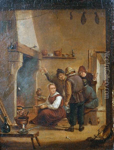 Interior With Peasants Beside A Fire Oil Painting - David The Younger Teniers