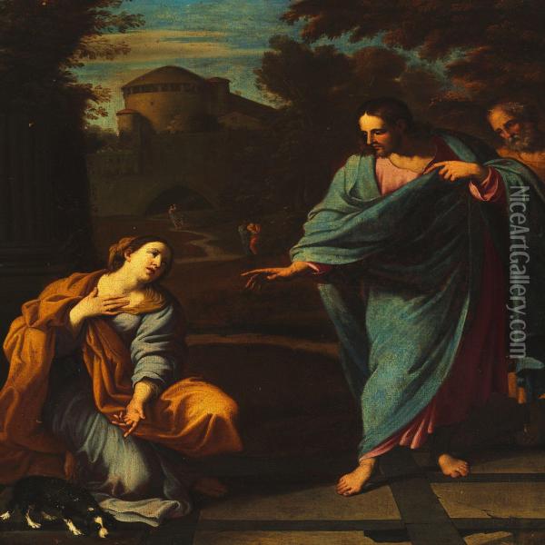 The Canaanite Woman Kneeling Before Christ Asking For Help To Heal Her Daughter Oil Painting - Ludovico Gimignani