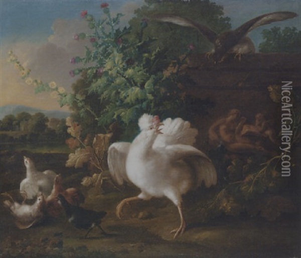 Poultry By A Plinth Decorated With A Bas-relief Of Leda And The Swan In A Landscape Oil Painting - Johann Baptist Drechsler