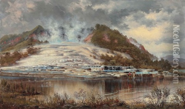 The White Terrace, Lake Rotomahana, New Zealand Oil Painting - Charles Blomfield