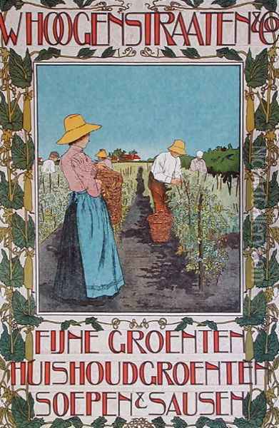 Harvesting peas, poster advertising 'Whoogenstraaten & Co., purveyors of fine vegetable, soups and sauces' c.1898-90 Oil Painting - Johann Georg van Caspel