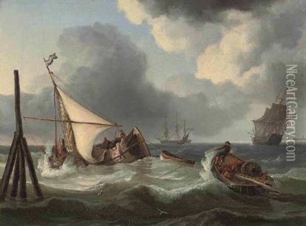 Fishermen Wrestling With The Swell At High Tide, Off The Mouth Of The Scheldt Oil Painting - Charles Martin Powell