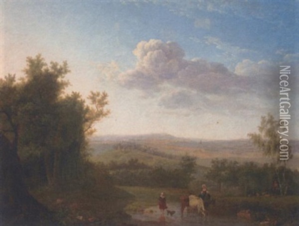 An Extensive Landscape With Cattle And Two Women Crossing A Ford, A Shepherd And Flock By A Tree Oil Painting - Jean-Louis Demarne