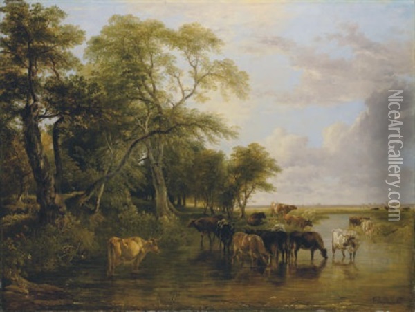 A Woody River Scene, With Cows Watering (collab. W/thomas Sidney Cooper) Oil Painting - Frederick Richard Lee