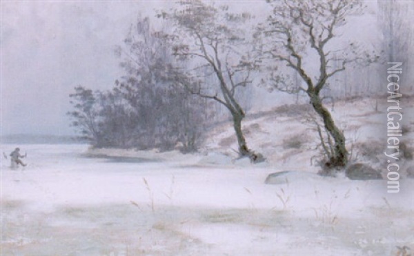 Vinterlandskap Med Pimpelfiskare - Motiv Fran Romanas Udde Oil Painting - Knut Ekwall