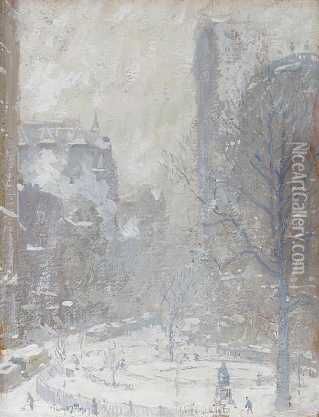 Bowling Green, A Blizzard Oil Painting - Colin Campbell Cooper