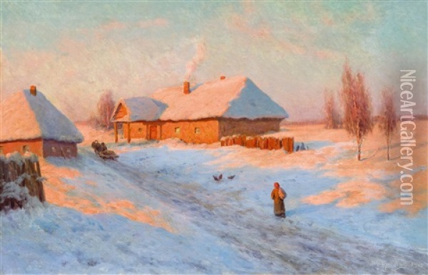 Village In Winter Oil Painting - Ivan Fedorovich Choultse