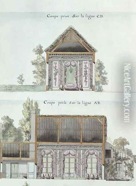 Cross-sections of the dining room of the Chateau de Chantilly, f.16 from the 'Atlas du Comte du Nord', 1784 Oil Painting - Chambe