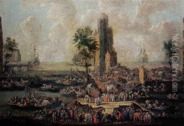 Scene De Port Animee De Nombreux Personnages Oil Painting - Pieter Casteels the Younger