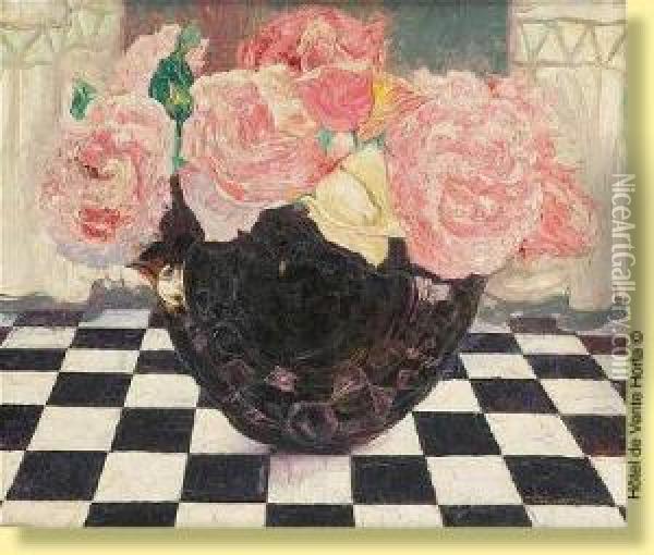 Vase Fleuri De Roses Oil Painting - Maurice Langaskens