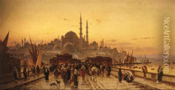 The Bridge Of Galata With The Yeni Valide Djami Mosque, Constantinople Oil Painting - Hermann David Salomon Corrodi