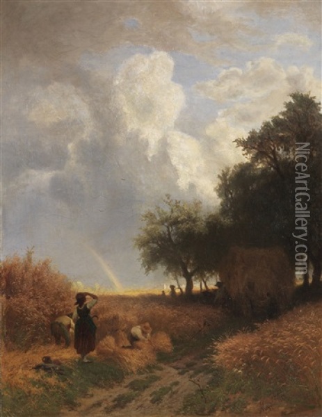 Der Gluckliche Moment - Vorbeiziehendes Unwetter Mit Regenbogen Bei Der Getreideernte Oil Painting - Albert Kappis