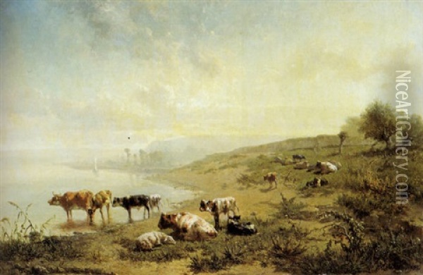 Koeien Aan De Drinkplaats Oil Painting - Johannes Hubertus Leonardus de Haas