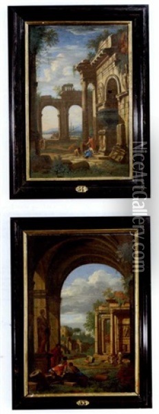 Architekturcapriccio Mit Romischen Ruinen Und Hafen (+ Another Similar; Pair) Oil Painting - Giovanni Paolo Panini