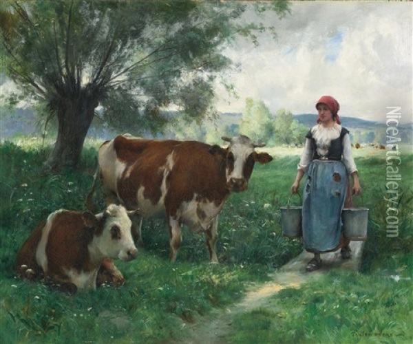 A Milkmaid With Her Cows At Pasture Oil Painting - Julien Dupre
