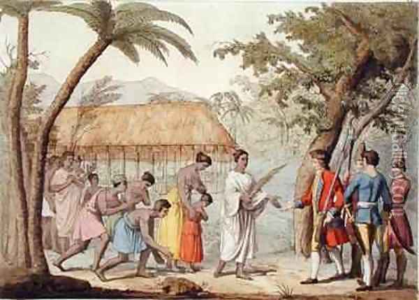 Captain Samuel Wallis 1728-1830 being received by Queen Oberea on the Island of Tahiti Oil Painting - Gallo Gallina