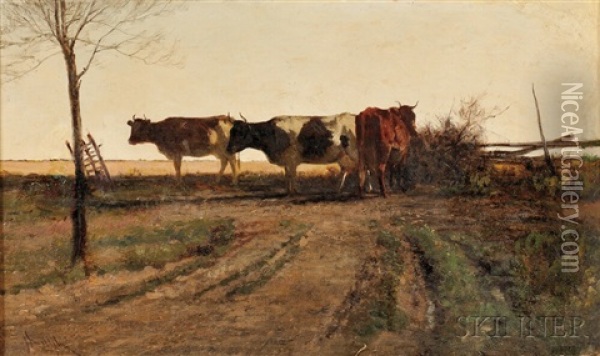 A Trio Of Cattle At Dusk Oil Painting - John Henry Dolph