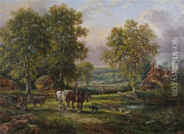 A Pastoral Scene With Cart Horses By A Pond Oil Painting - Edwin Young