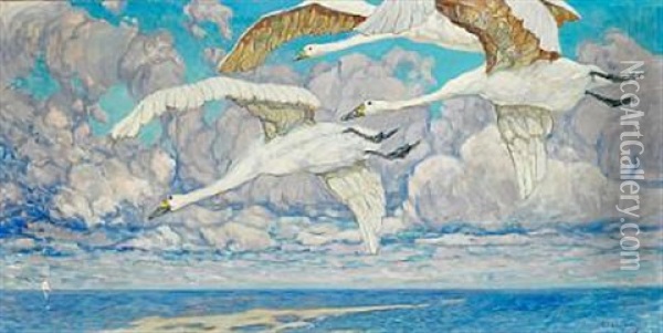 Three Flying Swans Oil Painting - Konstantin Semionovich Vysotsky