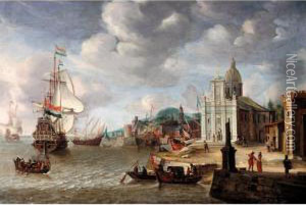 A Mediterranean Harbour Scene With A Dutch Man-o-war Oil Painting - Jan Abrahamsz. Beerstraaten