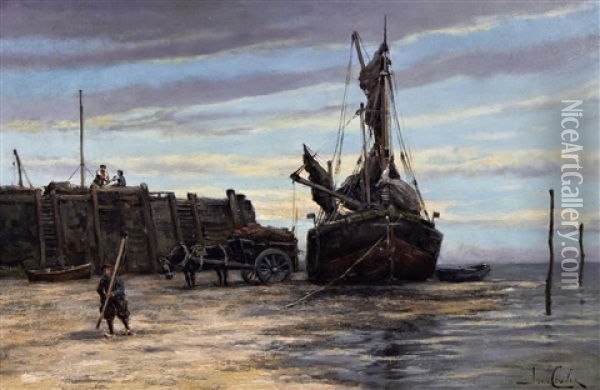View Of A Dutch Waterfront, Possibly Delft And Fishermen Unloading The Catch (pair) Oil Painting - Hermanus Koekkoek the Younger