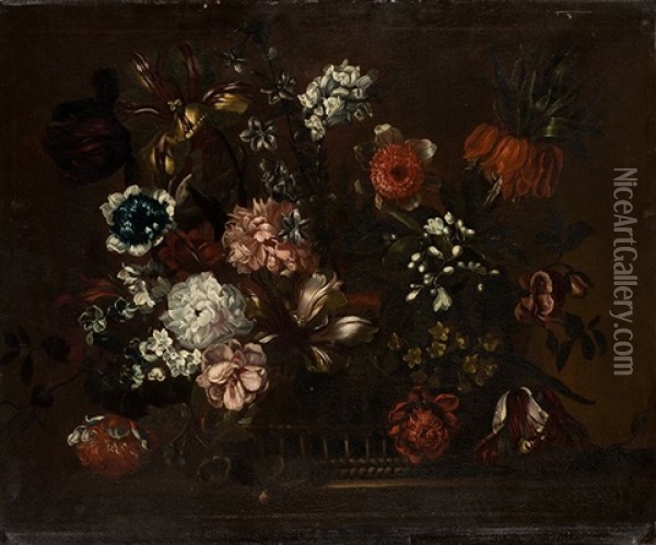 Cesta De Flores Oil Painting - Jean-Baptiste Monnoyer
