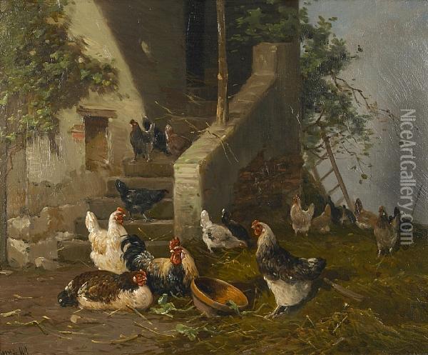 Roosters In A Farmyard Oil Painting - P.R. Corter