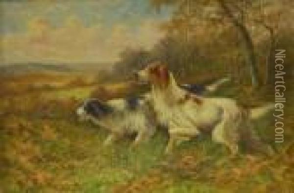 Two Setters On Heath Land By The Edge Of A Wood Oil Painting - Robert Cleminson