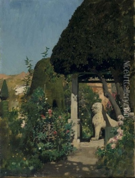 Giardino Con Statue Di Leoni (giardini Del Portal) Oil Painting - Alberto Pasini