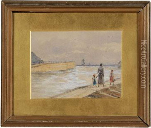 Woman And Two Children On A Boardwalk Oil Painting - Frederick Charles Dixey